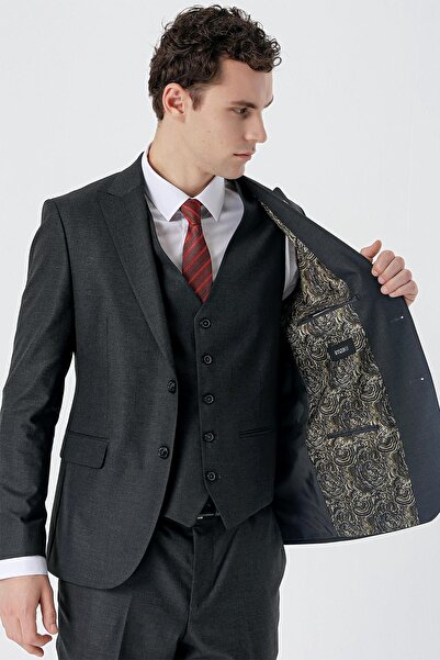 İmza Koyu Antrasit Kırlangıç Yaka Yelekli 6 Drop Slim Fit Dar Kesim Klasik Takım Elbise 1001235164