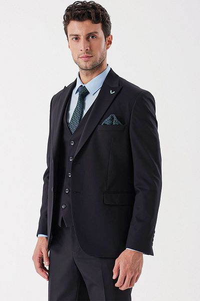 İmza Dark Navy Dobby 6 Drop Slim Fit Suit - Lycra with Swallow Collar Vest 1001235154