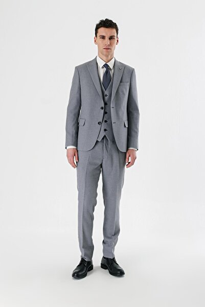 İmza Gri Desenli Kırlangıç Yaka Yelekli 6 Drop Slim Fit Dar Kesim Klasik Takım Elbise 1001240157