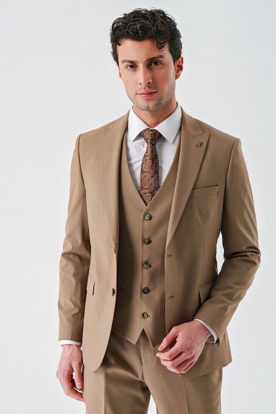 İmza Tobacco Gabardine Swallow Collar Vest Lycra 6 Drop Slim Fit Classic Suit1001240188