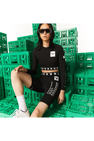 Lacoste X Minecraft Kadın Slim Fit Baskılı Siyah Şort