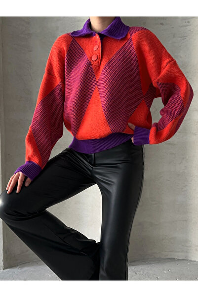 BEJNA Women's Orange Oversize Patterned Polo Collar Sweater