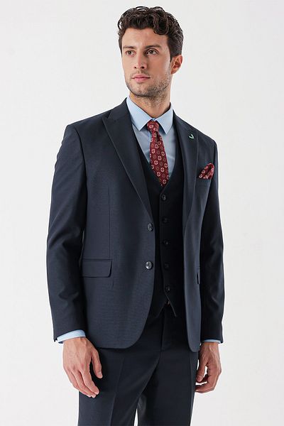 İmza Vestă cu guler în formă de rândunică Dobby bleumarin închis Lycra 6 Drop Slim Fit 1001235156