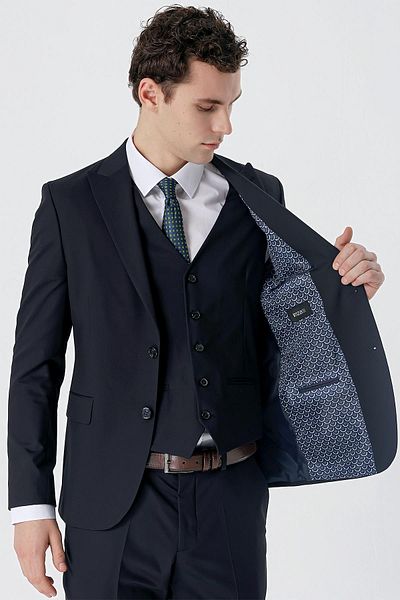 İmza Dark Navy Blue Swallow Collar Vest Lycra 6 Drop Slim Fit Classic Suit