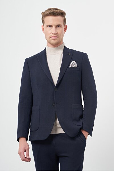 İmza Koyu Lacivert Desen Örme Kılıç Yaka Beli Lastikli 6 Drop Slim Fit Classic Takım Elbise 1001245170