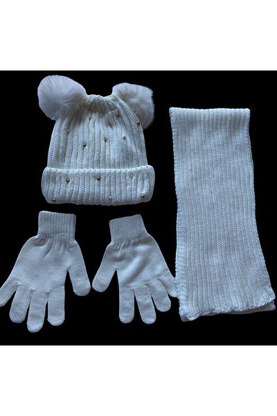 Kitti 9-15 Years Old Girl's Beanie Inside Fleece Outside Acrylic Pompom Scarf Beanie Gloves 3-Piece Set Cream