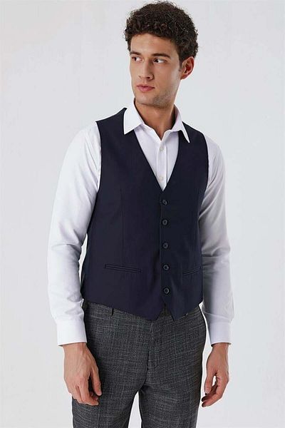 İmza Dark Navy Blue V-Neck Classic Vest 1009230153