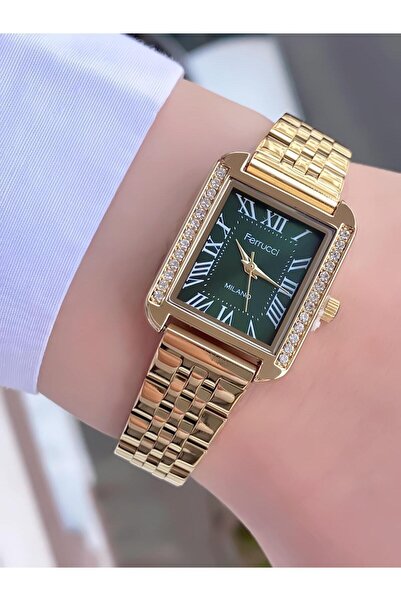 Ferrucci ساعة يد نسائية مستطيلة باللون الذهبي الوردي والأخضر - سوار معدني