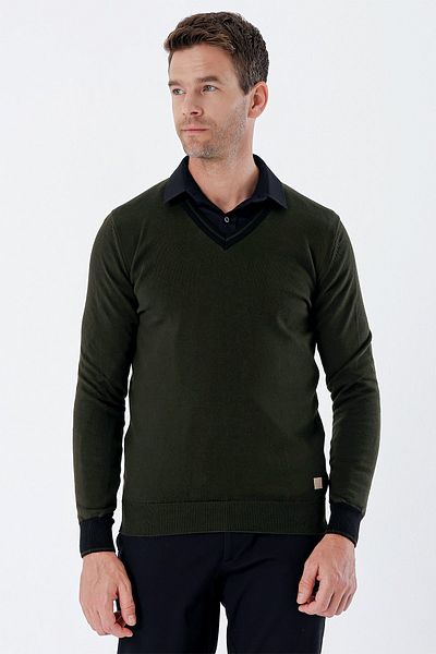 İmza Dark Khaki Long Sleeve Patterned Knitted V-Neck Cotton Classic Comfort Fit Knitwear 1012235168