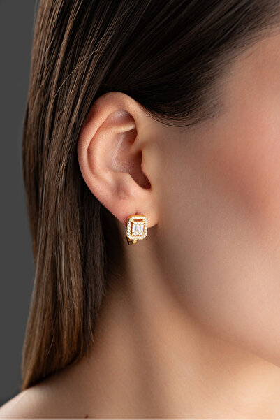 ESSARE 925 Ayar Gümüş Gold Kaplama 3'lü Baget Taşlı Gold Küpe