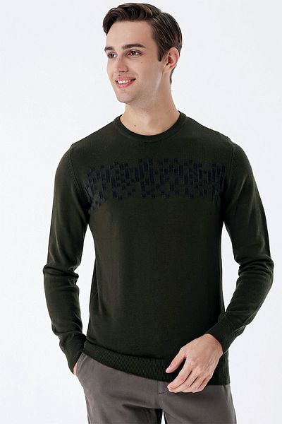 İmza Dark Khaki Long Sleeve Patterned Crew Neck Cotton Classic Comfort Fit Knitwear 1012235158