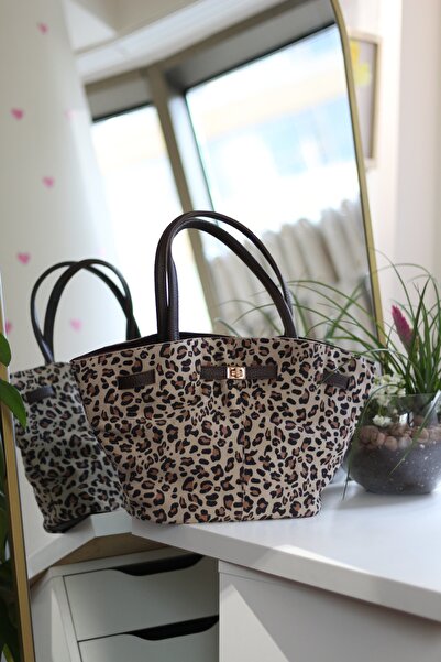 Moom Bag Women's Leopard Patterned Suede Large Size Shoulder Bag with Gold Buckle Detail