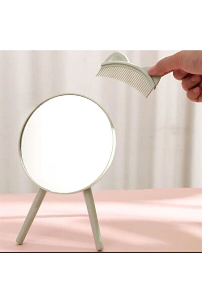 gaman Masaüstü Taşınabilir Ayaklı Makyaj Aynası + Sevimli Kedi Kulak Şekli Tarak Krem Renk