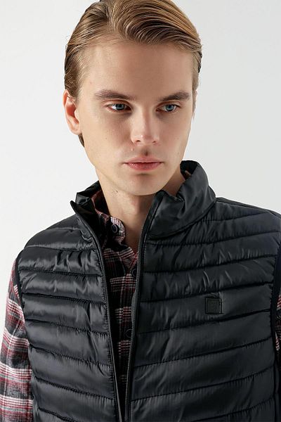 İmza Casual Black Puffer Vest - Stand Collar, Padded -1009235153