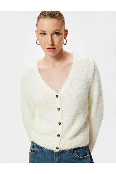 Koton V-neck PlusH Knitwear CarDigan - ButtoneD anD Long Sleeve