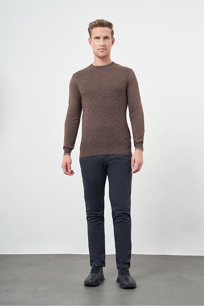 İmza Кафяв пуловер Slim Fit - Дълъг ръкав, Плетена с шарки, Обло деколте 1012245200