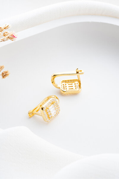 ESSARE 925 Ayar Gümüş Gold Kaplama 3'lü Baget Taşlı Gold Küpe