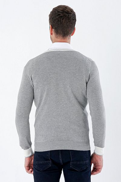 İmza Gray Long Sleeve Patterned Knitted V-Neck Cotton Classic Comfort Fit Knitwear 1012235168