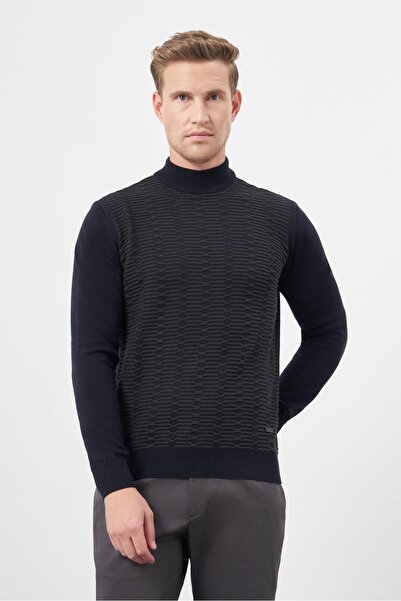 İmza Темно-синій трикотажний светр з довгими рукавами, в'язаний з кенді, напівкомір, класичний крій, комфортний крій.