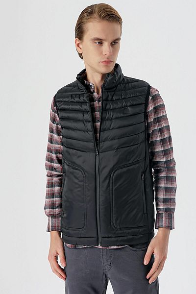 İmza Casual Black Puffer Vest - Stand Collar, Padded -1009235153