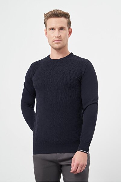 İmza Σκούρο μπλε μακρυμάνικο πλεκτό μπλουζάκι με ριγέ σχέδιο και στρογγυλή λαιμόκοψη, κλασική εφαρμογή slim fit 1012245200