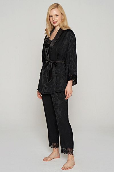 Feyza Costum negru din 3 piese din jacquard țesut și pijamale pentru femei C2T2N1O5