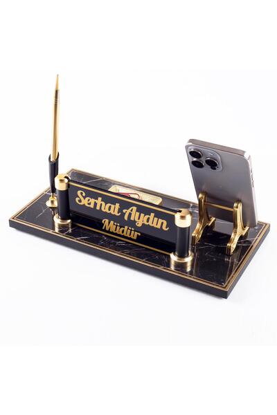 Ofistike Lyon Mermer Desenli Ahşap Gold Renk Kalemli Masa İsimliği Ofis Masaü...