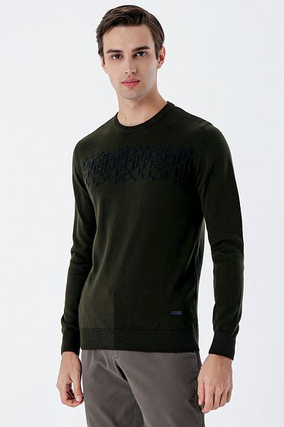 İmza Dark Khaki Long Sleeve Patterned Crew Neck Cotton Classic Comfort Fit Knitwear 1012235158