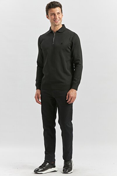 İmza Μαύρο μακρυμάνικο πλεκτό πουλόβερ με κολάρο Polo Slim Fit Slim Fit Πουλόβερ 1012245150