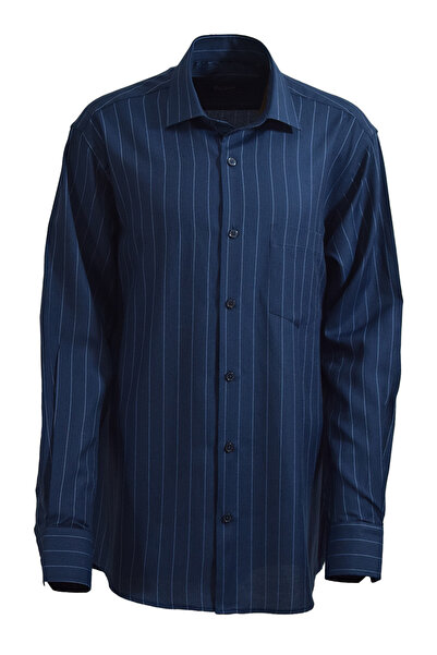 YILDIZ GÖMLEK Lacivert Üzerine Mavi Çizgili Tek Cepli Düğmesiz Yaka Uzun Koll...