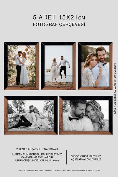bymat 5 Pieces 15X21 A5 Mdf Photo Frame - Wooden and Black 2 Color Frame