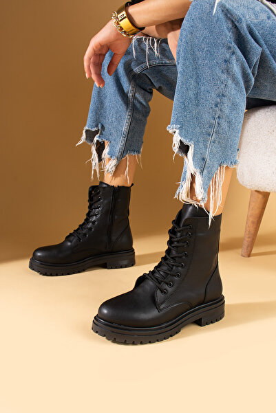 Pembe Potin Kadın Siyah Poli Taban Fermuarlı Günlük Rahat Kalıp İçi Sıcak Astarlı Bot Postal