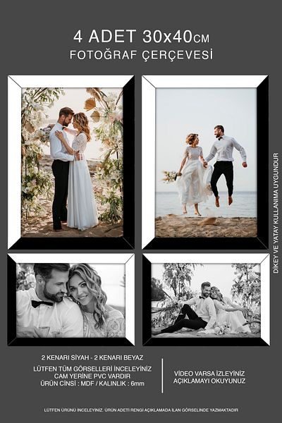 bymat 4 Pieces 30X40 Mdf A3 Frame - Black-White 2 Color Photo Frame