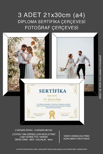 bymat 3 Pieces 21X30 Frame - Mdf A4 Frame - Photo Frame - Black-White 2 Color Diploma Frame