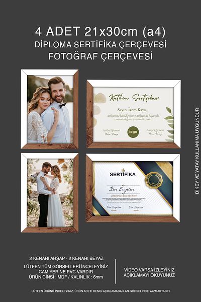 bymat 21X30 Mdf A4 Frame - Wooden-White 2 Color Diploma Frame, 4 Pieces