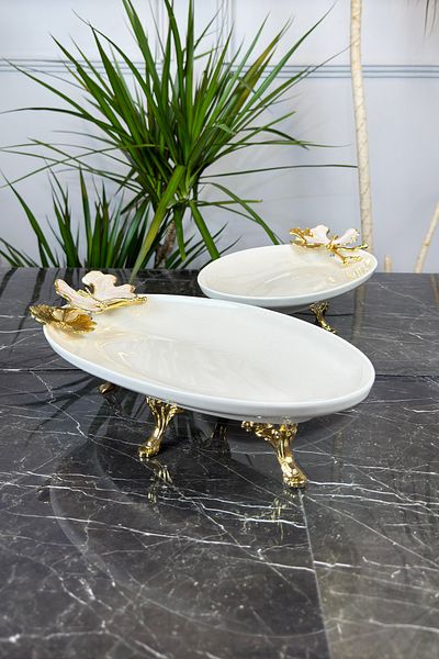 MAY HOME Sedef Kelebek 2-Piece Oval Serving Graduation Plate & Gold Footed Boat Plate