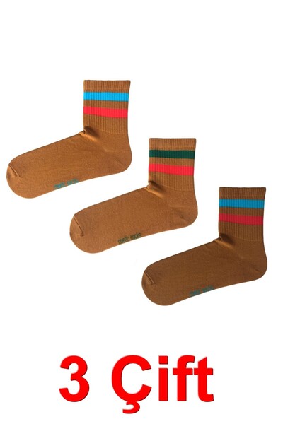 chetic 3 Çift Açık ve Koyu Taba Renkli Çizgili Desenli Kolej Soket Tenis Çorap