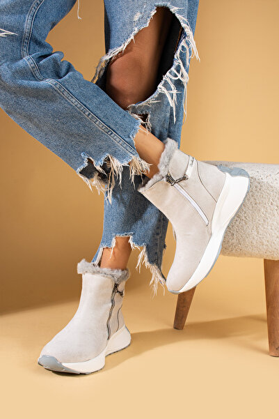 Pembe Potin New Season Gray Suede Women's Warm and Stylish Furry Zippered Sports Boots