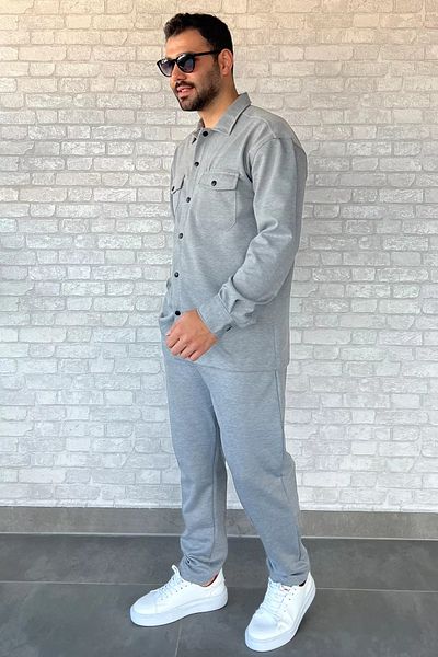 MİSHAR İTALİA Γκρι ανδρικό πουκάμισο με διπλή τσέπη Πικέ Παντελόνι Διπλό Σετ