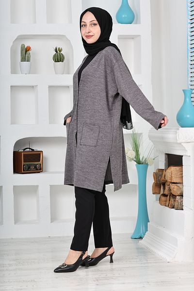 Kuraff Giyim Women's Molina Fabric Winter Large Size Buttoned Comfortable Fit Long Cardigan