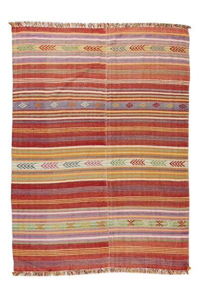 Tekin 174x235 cm El Yapımı Çizgi Desenli Eski Kilim, Çift Yönlü. %100 Yün