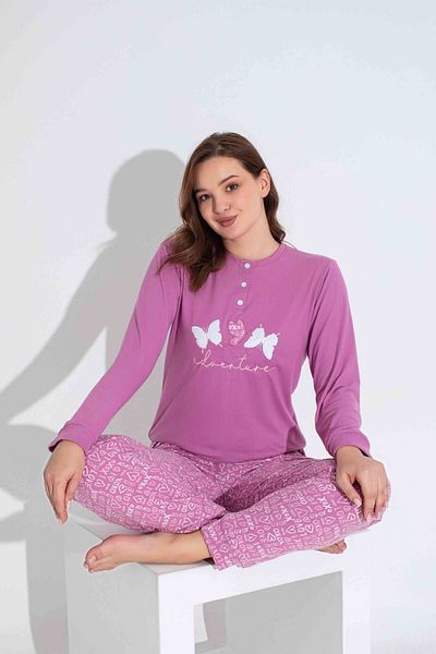 Tarık Women's Lilac Butterfly Embroidered Mother and Daughter Combination Thermal Fabric Winter Warm Soft Pajamas Set