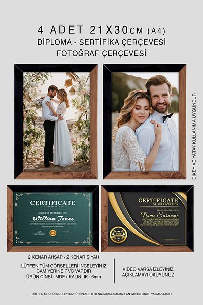 bymat 4 Pieces 21X30 Mdf A4 Frame - Photo Frame - Wooden Black 2 Colors Diploma Frame