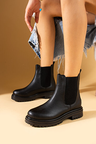 Pembe Potin Yeni Sezon Kadın Siyah Lastikli Rahat Kalıp Sıcak Astar Rahat Bot