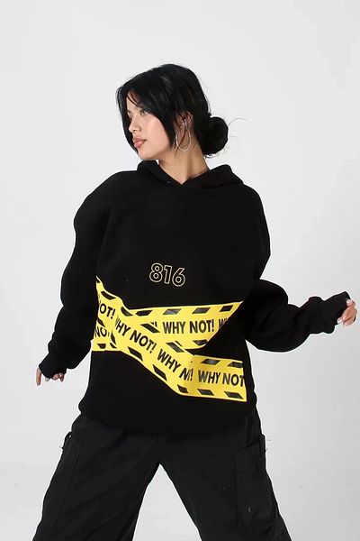 Bak Moda Why Not Printed Oversize Unisex Premium Black Hoodie