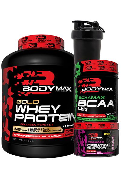 BODYMAX Gold Whey Protein Powder 2250g Strawberry + Bcaamax Bcaa 585g Green Apple + Creamax Creatine 120g