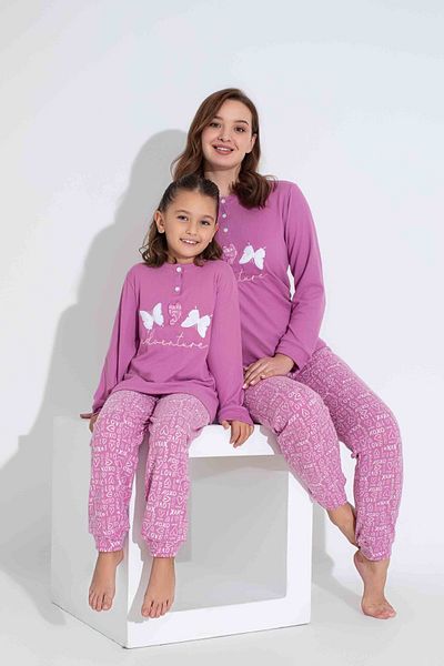 Tarık Women's Lilac Butterfly Embroidered Mother and Daughter Combination Thermal Fabric Winter Warm Soft Pajamas Set