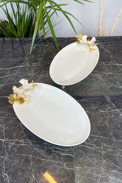 MAY HOME Sedef Kelebek 2-Piece Oval Serving Graduation Plate & Gold Footed Boat Plate