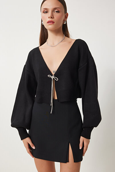 Lovelyİstanbul Ζακέτα με πέτρινο φιόγκο Crop Knitwear ΜΑΥΡΗ LKİ0022