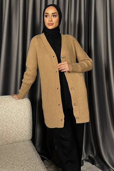 julude Tricotaj tricotat Hijab Cardigan - Biscuit